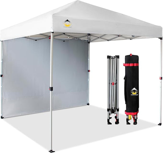 CROWN SHADES 8x8 Pop Up Canopy with 1 Side Wall - Beach Tent with One Push Setup - Outdoor Sun Shade for Events, Parties, Camping - Gazebo with STO-N-Go Cover Bag (White)