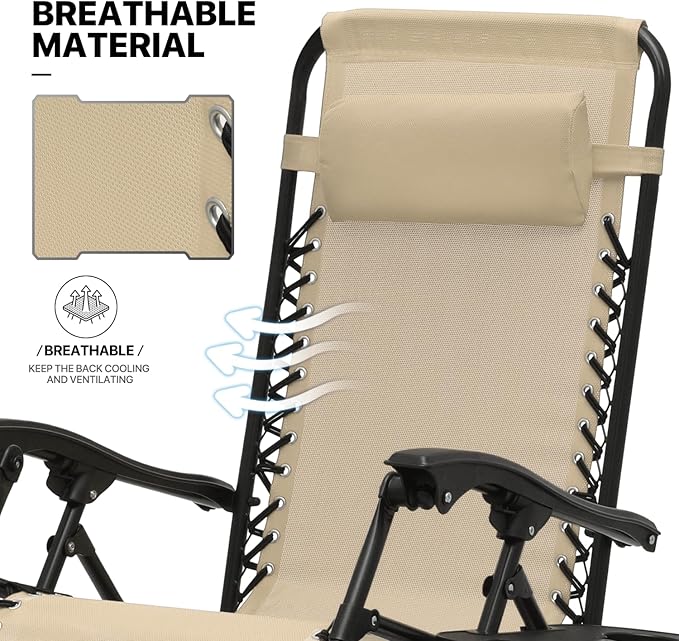 MoNiBloom 3 Pieces Cozy Lounge Chairs Table Set for Outside, Adjustable Folding Zero Gravity Recliners for Patio Beach Pool Yard Camping, 330lbs Capacity - Cream