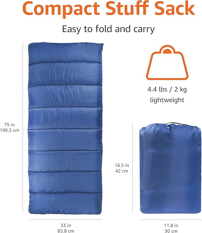 Amazon Basics 30°F Cool Weather Sleeping Bag, 75 Inches x 33 Inches, Blue
