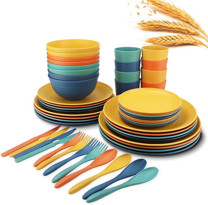 64-Piece Service for 8 Dinnerware Set - Unbreakable Wheat Straw Dinnerware sets of 64 - Dinner plates/Snack plates/Cereal bowls/Drinking Cups/Cutlery for Outdoor camping and indoors.Colorful