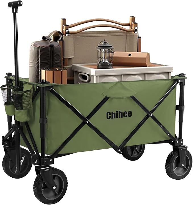 Chihee Folding Beach Wagon Cart Garden Cart Heavy-Duty with 2 Cup Holders,Camp Cart for Gimballed Wheels with Braking System Large Capacity Removable Fabric,for Sporting Events,Camping,Beach Trips