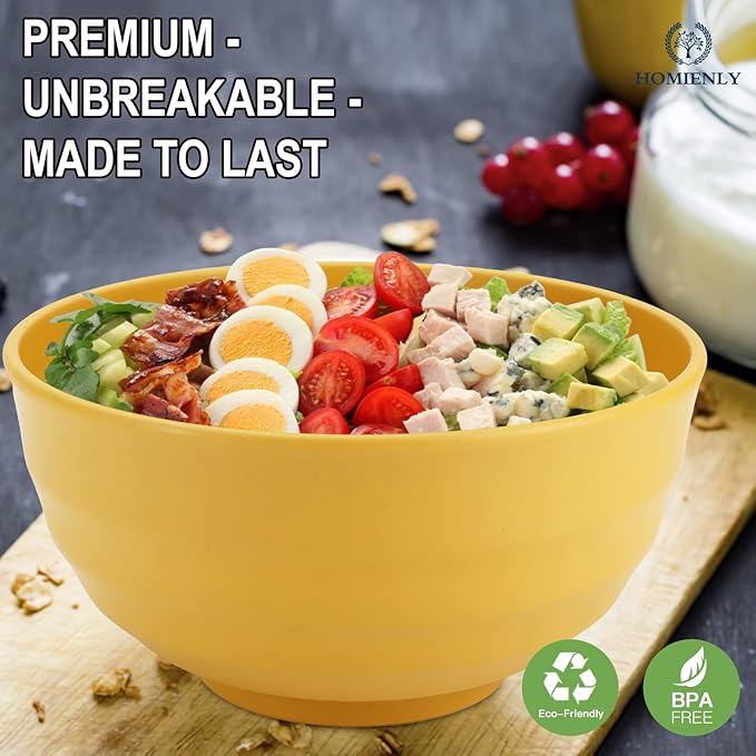 Homienly Wheat Straw Bowls Set Large Cereal Bowls Unbreakable Salad Bowl Set of 8 Sturdy and Stackable Serving Bowl Big Bowls for Salad,Cereal,Soup,Ramen,Dinner,Oatmeal Etc... (Yellow, 60 OZ)