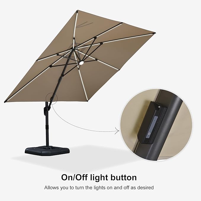 PURPLE LEAF 10 Feet Patio Umbrella with Base Outdoor Cantilever Solar Powered LED Square Umbrella Aluminum Offset Umbrella with 360-degree Rotation for Garden Deck Pool Patio, Beige