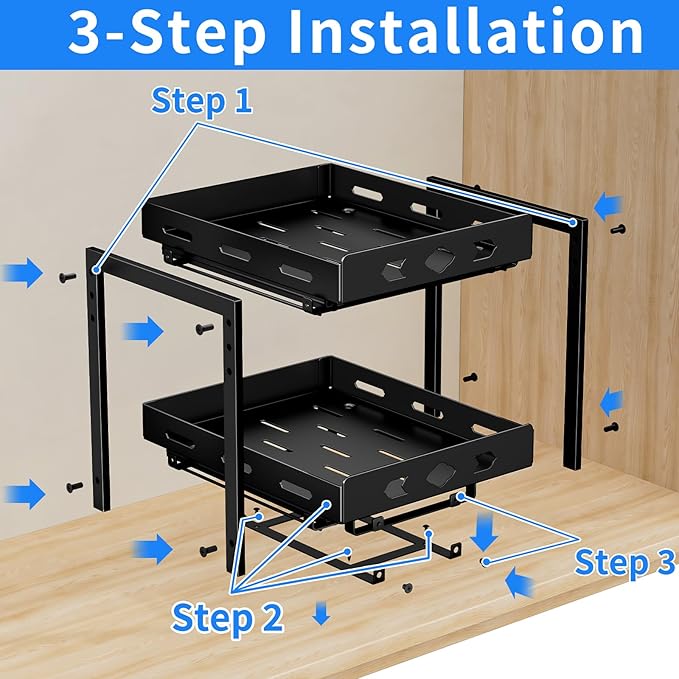 Pull Out Spice Racks for Inside Cabinets, 2-Tier Cabinet Spice Rack, Height Adjustable Spice Rack Organizer for Cabinet, Kitchen Vertical Spice Rack (9.7''Wx10.8''Dx9.2''H, Metal Black)