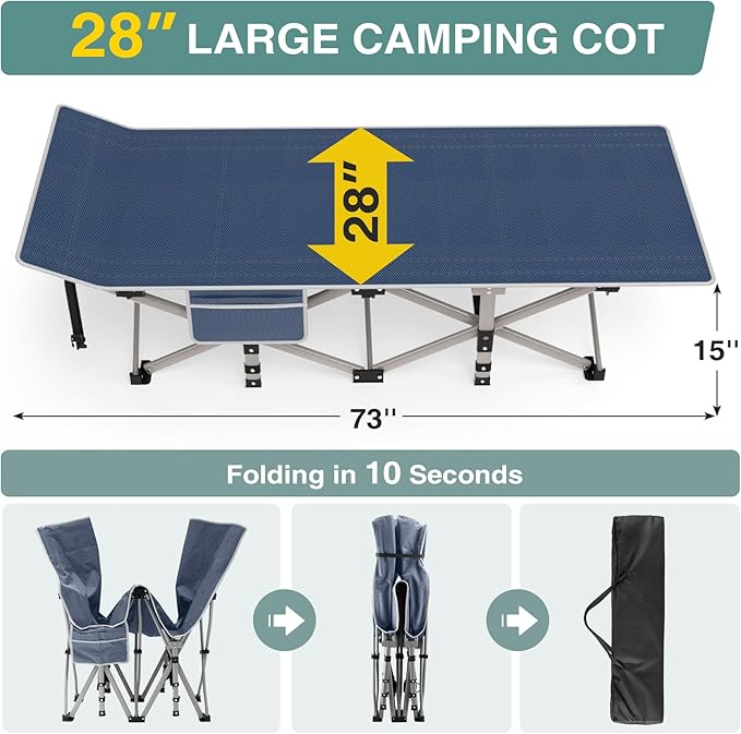ZENPETIO Folding Camping Cot for Adult, 28In Portable Sleeping Cot with Mattress, Outdoor Heavy Duty Cot Bed for Camp with Carry Bag, Max Loading 500lbs for Home, Office, Camp, Travel, Vacation