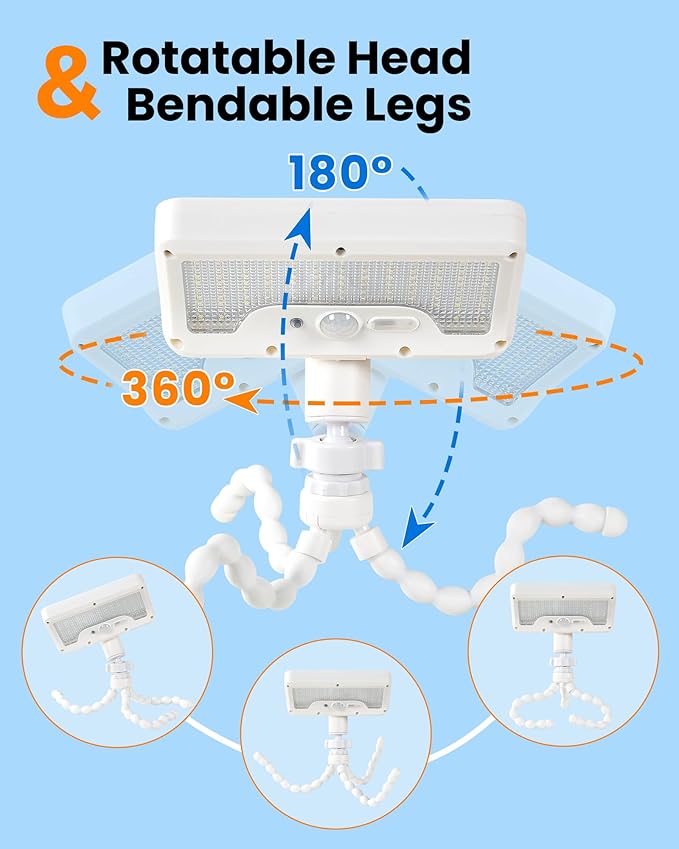 Motion Sensor Outdoor Lights with Flexible Octopus Tripod - 600LM Solar Sercurity Lights Waterproof, Dual Charging Solar Ourdoor Light for Camping,Fence, Patio (2Pack White)