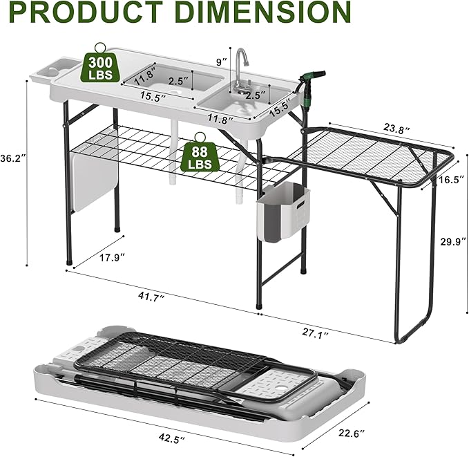 Dragosum Fish Cleaning Table, Portable Folding Camping Table with Folding Grill Extension Board, Fish Cleaning Station with Dual Sinks, Hose Hook Up