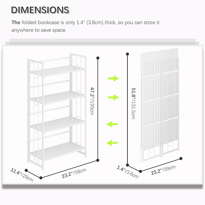 4NM No Assembly 4 Tiers Folding Bookshelf, 47.2" H Foldable Storage Shelves Vintage Bookcase Standing Racks Study Organizer Home Office - All White