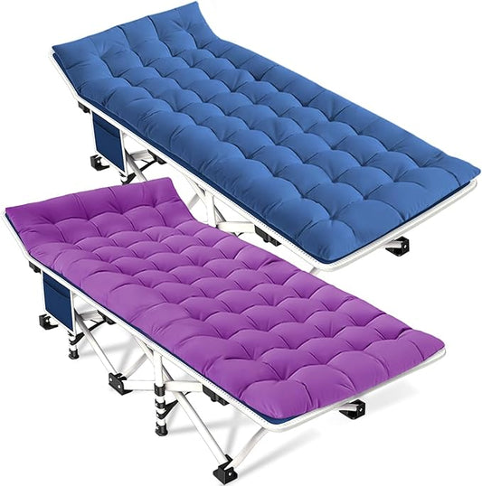 Camping Cot with Comfortable Mattress 2 Pack Blue and Purple Cots for Sleeping Camping Bed Folding Cot Guest Bed Easy to Setup Sturdy with Carry Bag for Indoor Outdoor