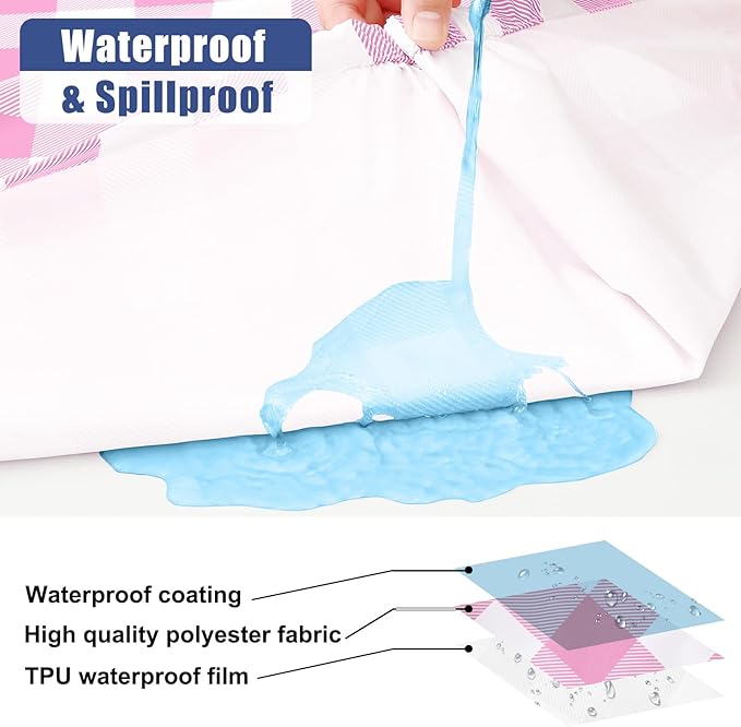 Smiry Picnic Table Cover with Bench Covers, Waterproof Elastic Fitted Tablecloths for 6 Foot Rectangle Tables, Washable Buffalo Plaid Tablecloth for Camping, Outdoor (Pink & White, 30"x72")