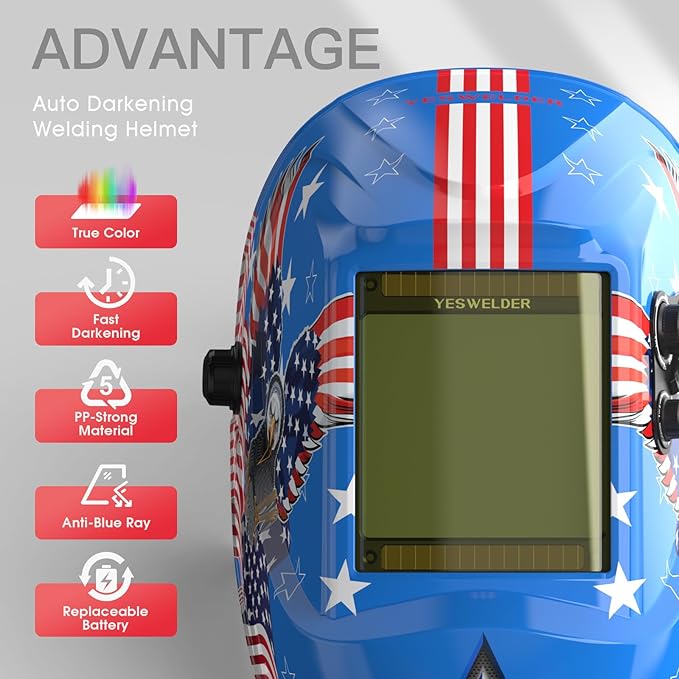 YESWELDER Large View Auto Darkening Welding Helmet, Blue Light Blocking, 1/1/1/1 True Color Solar Powered Welder Hood Mask with 4 Arc Sensors, Wide Shade 3/5-9/9-13 for TIG MIG ARC Cut and Grind