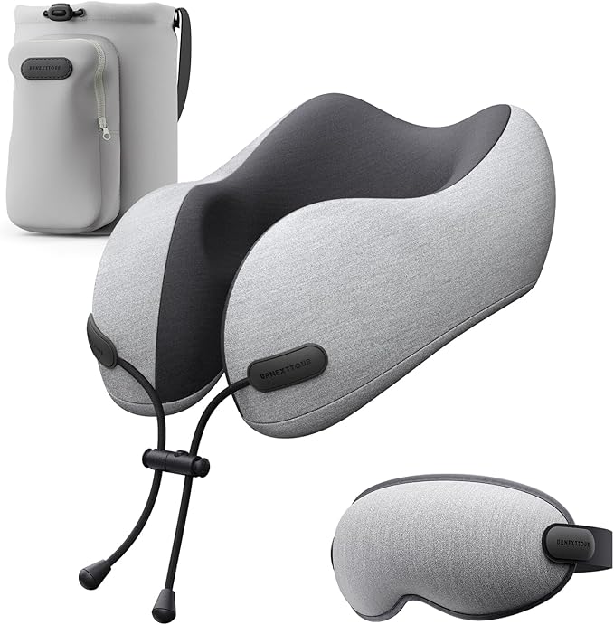 Neck Pillow for Travel Memory Foam Design Models Pillows with Zero Eye Pressure 3D Eye Mask and Compact Bag Traveling Essentials Plane Car Flight Rest Sleeping Use Adult, Light Gray