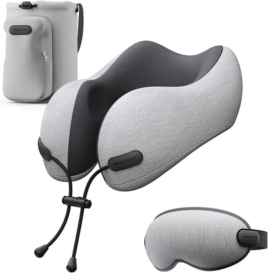 Neck Pillow for Travel Memory Foam Design Models Pillows with Zero Eye Pressure 3D Eye Mask and Compact Bag Traveling Essentials Plane Car Flight Rest Sleeping Use Adult, Light Gray