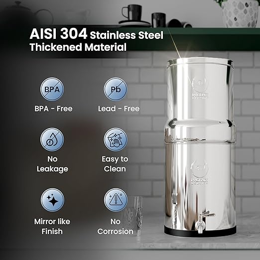 Gravity Water Filter System - 2.25 Gallons NSF Certified AISI 304 Stainless Steel Water Filter with 2 Smart Carbon Filters, 2 POSTreat Steel Fluoride Removal Elements & Free Stainless Steel Spigot