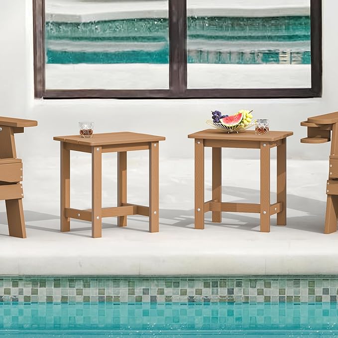 LUE BONA Outdoor Side Table Set of 2, HDPS Small Outdoor Table, Adirondack Side Table, Outside End Table for Patio, Porch, Deck, Weather Resistant/Easy Maintenance/Indoor or Outdoor Use, Teak Color