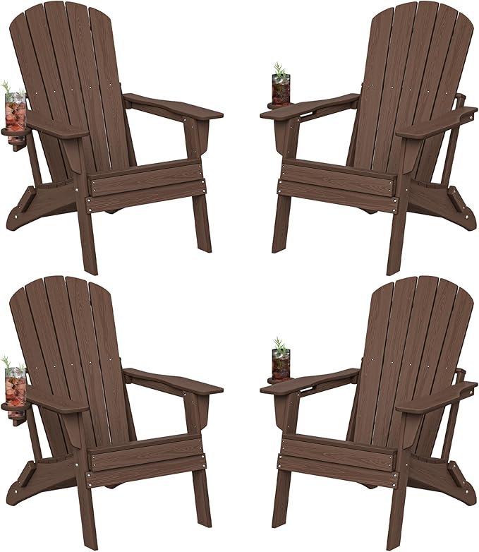 Folding Adirondack Chair Set of 4, Cup Holder，Wooden Textured ，Heavy All-Weather HDPE Comfortable Set Poolside Backyard Lawn Coffee