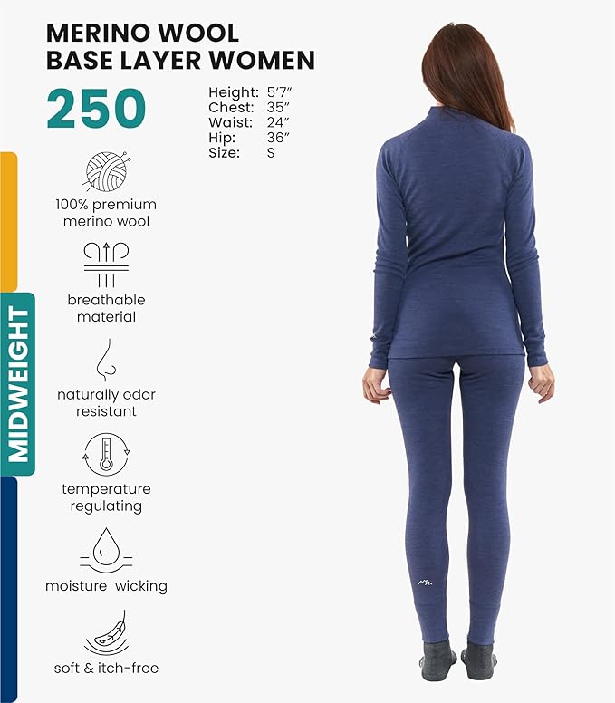 Merino.tech Merino Wool Base Layer Women Set - Heavyweight, Lite, Midweight Merino Thermal Underwear For Women Top, Bottom