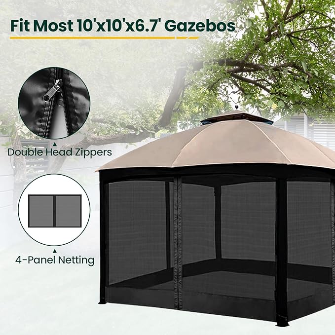 Gazebo Universal Replacement Mosquito Netting, 10' x 10' Outdoor Canopy Net Screen 4-Panel Sidewall Curtain, with Zippers, Easy to Install, Fit for Most Gazebo 10x10 Canopy, Black
