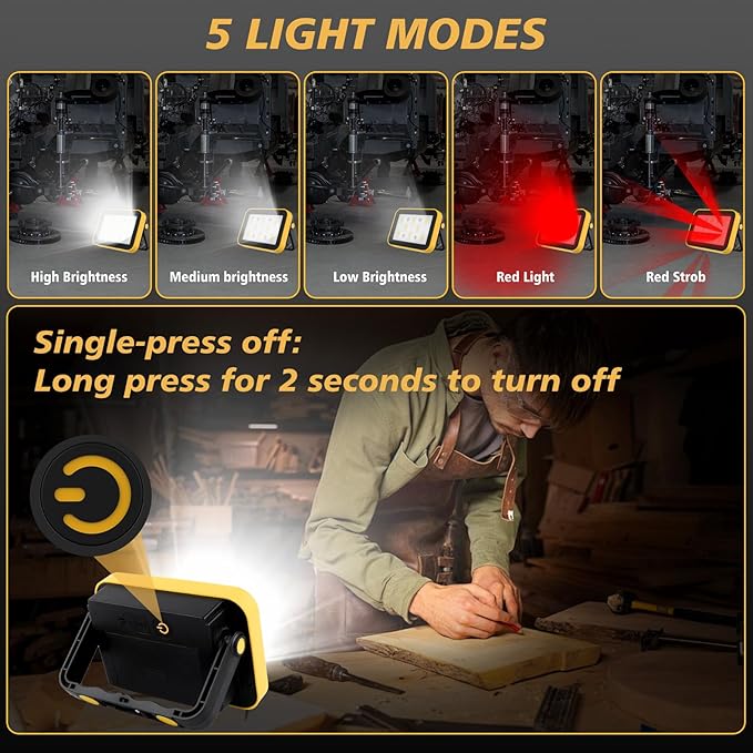 Rechargeable Flood Light with Tripod Hole, Portable COB Work Light Battery Operated, LED Work Lights Waterproof 180° Rotate for Job Site Garage Camping Car Repair, Gifts for Men