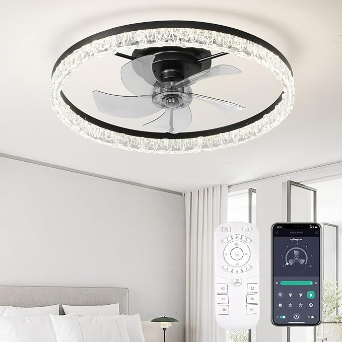 Ceiling Fans with Lights, 24 Inch Ceiling Fan with Light and Remote, Low Profile Reversible Fandelier Ceiling Fan, Dimmable LED, Flush Mount, Low Noise DC Motor, for Bedroom, Kitchen, Office