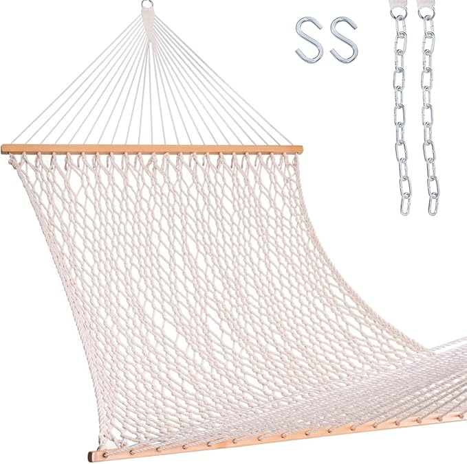 Lazy Daze Hammocks 12FT Double Rope Hammocks, 2 Person Hand Woven Cotton Hammock with Spreader Bar for Outdoor, Indoor, Patio, Poolside, FIT 13-15 Foot Stand, Max 450 Lbs, Natural, 141 x 57 inches