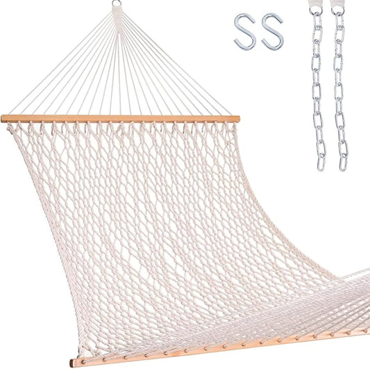 Lazy Daze Hammocks 12FT Double Rope Hammocks, 2 Person Hand Woven Cotton Hammock with Spreader Bar for Outdoor, Indoor, Patio, Poolside, FIT 13-15 Foot Stand, Max 450 Lbs, Natural, 141 x 57 inches