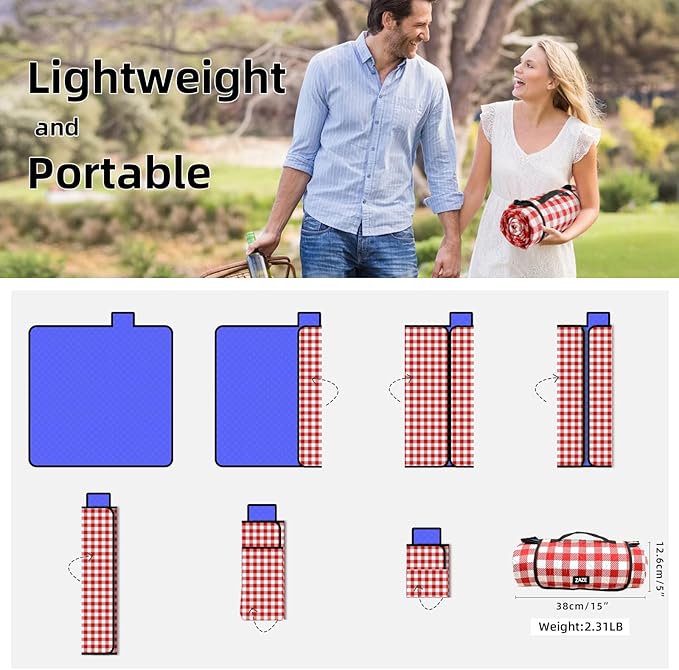 ZAZE Picnic Blanket Extra Large Waterproof, 80''x80''Checkered Picnic Blankets Beach, Outdoor, Camping on Grass Accessories Couple Ideas Wedding Registry Gifts (Red and White)
