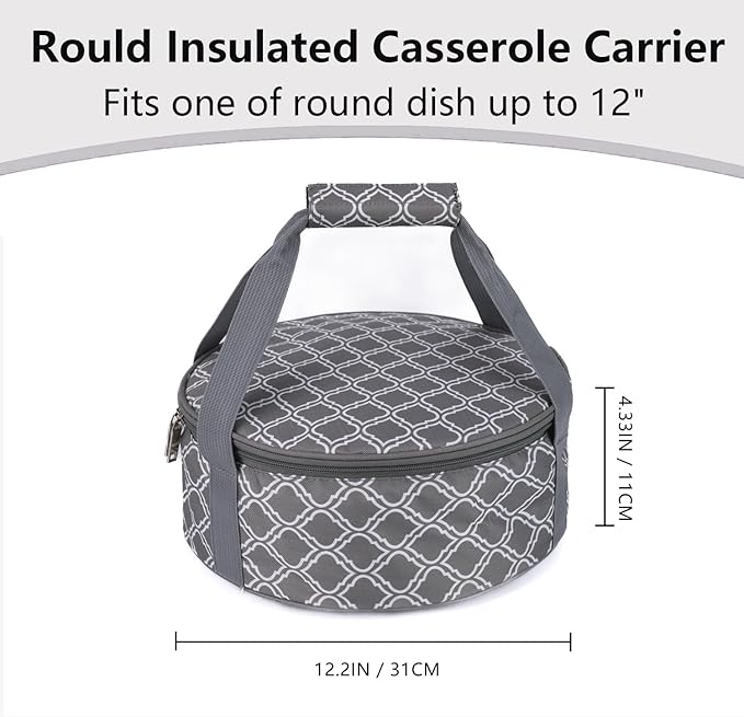 Round Portable Insulated Thermal Dish Carrier Bag for Pie and Cake Transport to Keep Food Hot/Cold/Fresh for Lunch, Potlucks Parties Gathering,Cookouts,Church Dinner,Outdoor Events-Sliver Grey