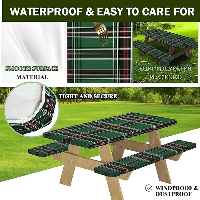 CAPSCEOLL Fitted Picnic Table Cover with Bench Covers with Elastic 6Ft Waterproof Picnic Table Cover for Outdoors Camping Tablecloth with Drawstring Bag, 72X30in, Christmas Green Buffalo Plaid