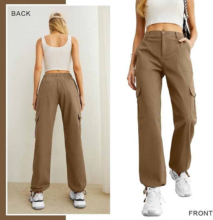 Lepunuo Women's High Waisted Cargo Pants Travel Y2K Streetwear Baggy Stretchy Pants with 6 Pockets Drawstring Ankle Cuffs