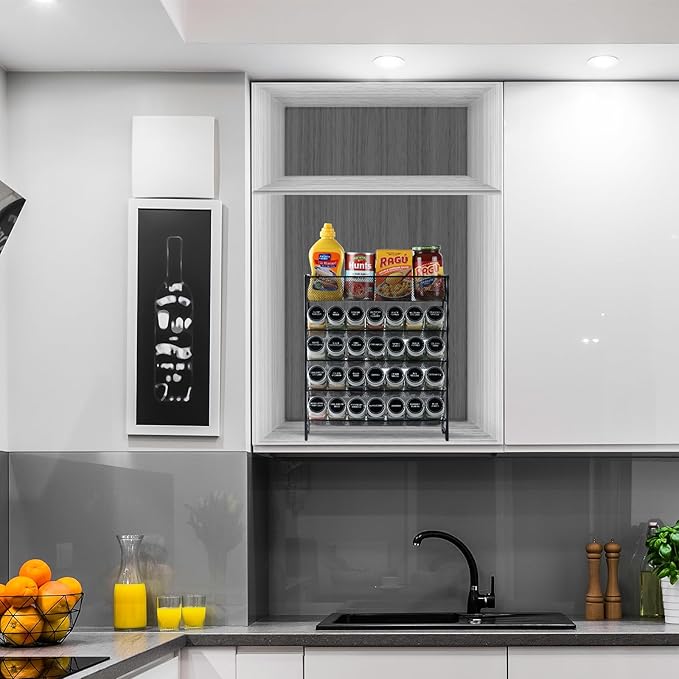 Spice Rack Organizer with 28 Empty Spice Jars,Spice Labels,Chalk pen and Funnel Complete Set,Space-Saving for Countertop, Cabinet or Wall Mount