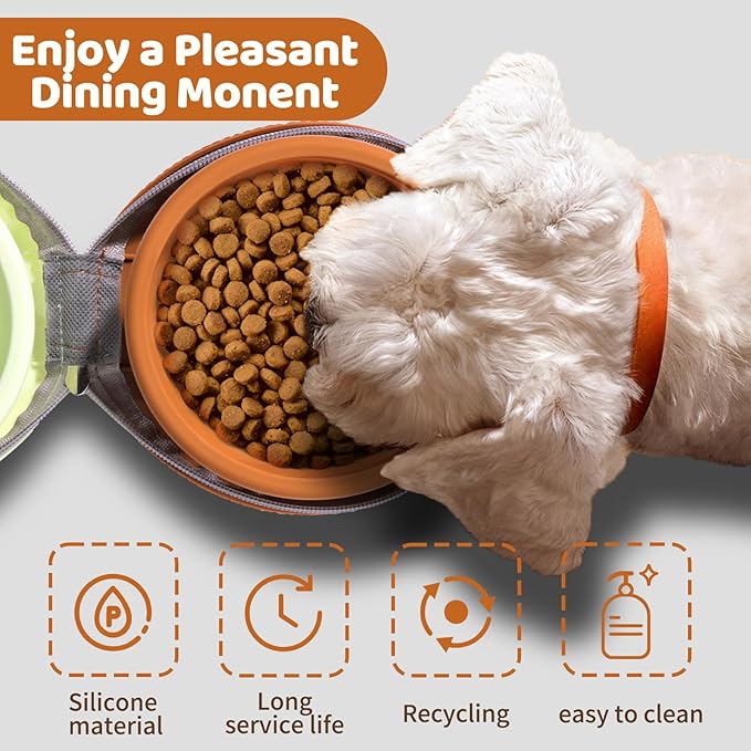 Collapsible Double Travel Dog Bowls -2 in 1 Portable Pet Food & Water Bowls with Zipper Case | Non-Skid Silicone Feeder for Camping, Hiking | Foldable Cat/Dog Bowl for Outdoor Enthusiasts & Travelers