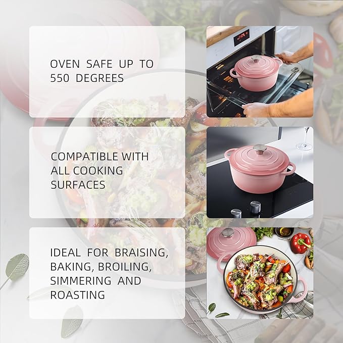 3 Quart Dutch Oven Enameled Cast Iron with Lid - Big Dual Handles - Oven Safe up to 500°F - Classic Round Pot for Versatile Cooking Pink