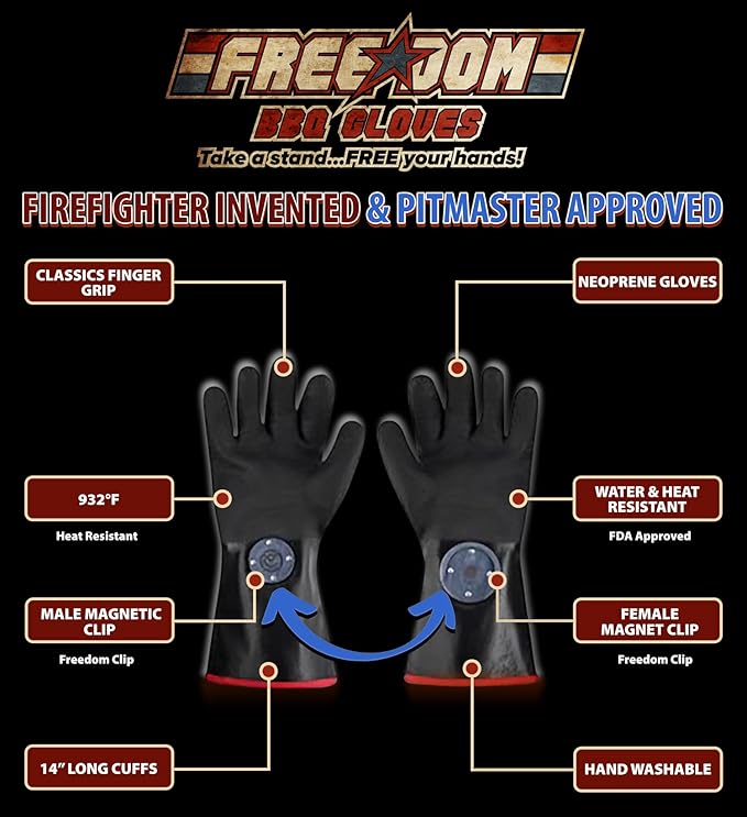 Freedom BBQ Gloves 932°F Heat Rated Magnetic EZ On Off Safety Clips Waterproof for Grills Smokers Fryers Ovens (14")
