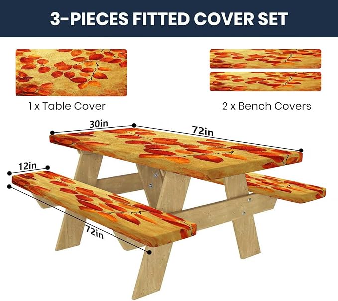 CAPSCEOLL Fitted Picnic Table Cover with Bench Covers with Elastic 6Ft Waterproof Camping Picnic Table Cover Cloths for Outdoors Camping Tablecloth with Drawstring Bag, 72X30in, Burnt Orange Leaves