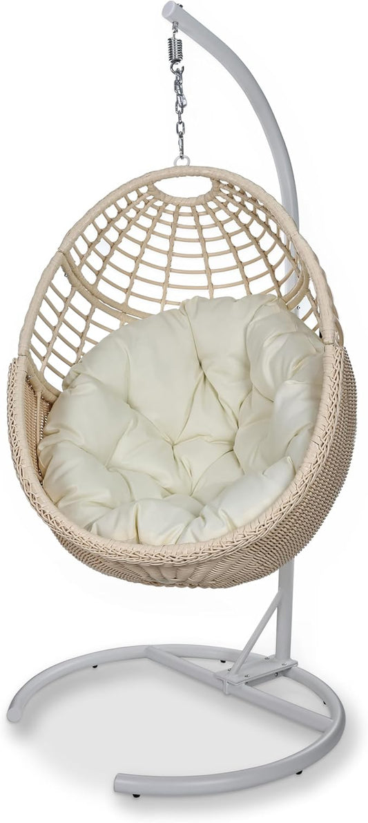 Egg Swing Chair with Stand: Hand Woven PE Rattan Hanging Chairs Hammock - Indoor Outdoor Swinging Lounger with Soft Cushion for 330lbs Patio Balcony Garden Living Room Bedroom Porch, Beige