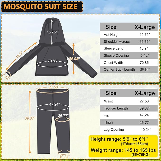 South to East Mosquito Suit - Net Bug Mesh Pants & Jacket with Hood for Outdoor Protection from Bugs, Flies, Gnats, No-See-Ums & Midges - Mosquito Net Clothing for Men & Women with Carrybag, XL Size