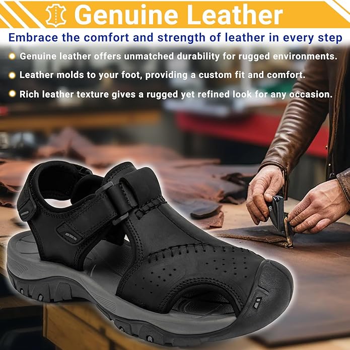 Men's Sport Sandals Closed Toe Leather Hiking Athletic Walking Outdoor Beach Trail River Fishing Water Shoes Lightweight Comfortable Waterproof