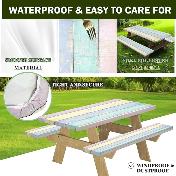 CAPSCEOLL Fitted Picnic Table Cover with Bench Covers with Elastic 6Ft Waterproof Camping Picnic Table Cover Cloths for Outdoors Camping Tablecloth with Drawstring Bag, 72X30in, Colorful Wood