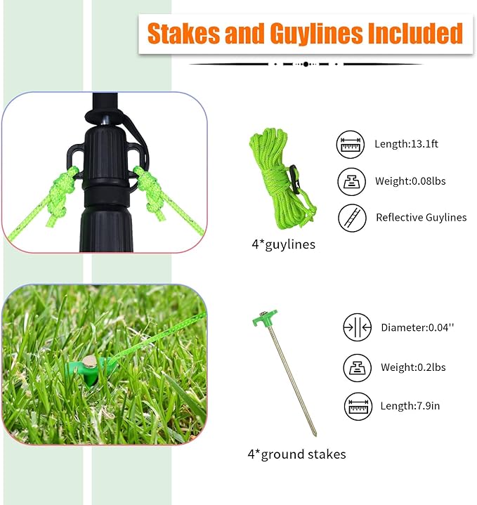 AYAMAYA Tarp Poles - Telescoping Camping Tent Poles Replacement, Upgraded 4-Section Heavy Duty Aluminum Rods with Stakes & Guylines for Tents, Rain Fly, Camping Shelter, Awning Canopy RV Car, Set of 2