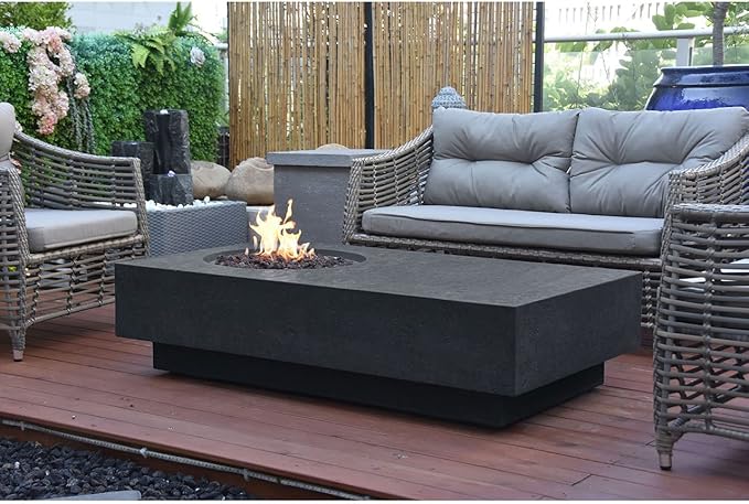 Elementi | Metropolis Gas Fire Pit Cast Concrete 56" Rectangular Fire Table, Outdoor Fire Pit Electronic Ignition | Canvas Cover, Lava Rock Included | Dark Gray (Propane Gas)