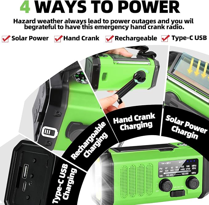 Hand Crank Emergency Radio,37000mWhSolar Powered Hand Crank Portable NOAA AM FM Weather Radio with 3Mode Flashlight and Reading Light,Cell Phone Charger,Home and Emergency Distress Signal (Green)