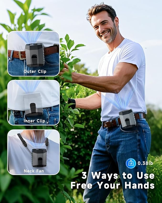 2025 Smart Portable Rechargeable Fan with LED Light & 25H Runtime, 4-Speed 9200RPM Turbo Cooling Personal Waist Fan, Wearable Neck & Belt Clip for Camping, Outdoor, Hiking - Grey