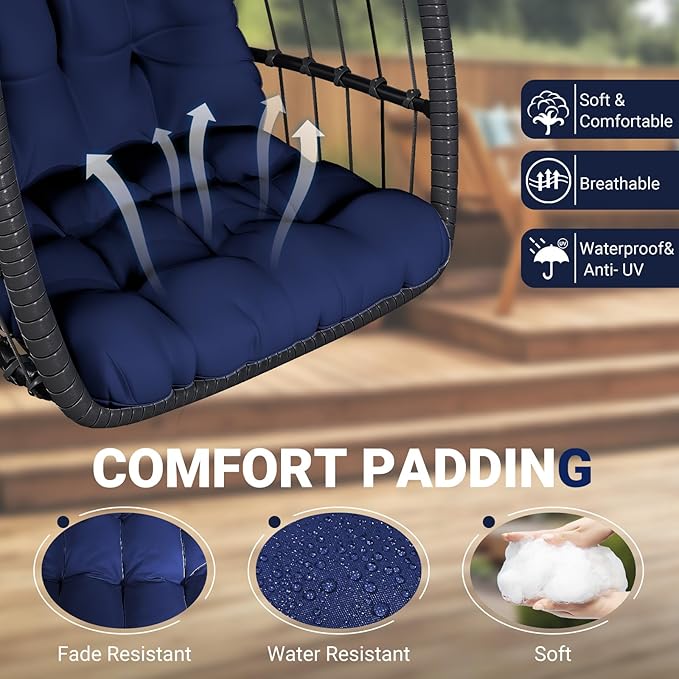 LEVELEVE Egg Chair with Stand,Patio Rattan Wicker Hanging Swing Egg Chair Hammock Chair for Porch Garden,Thickened Aluminum Alloy Steel Frame and UV Resistant Cushion,350LBS Capacity(Dark Blue)