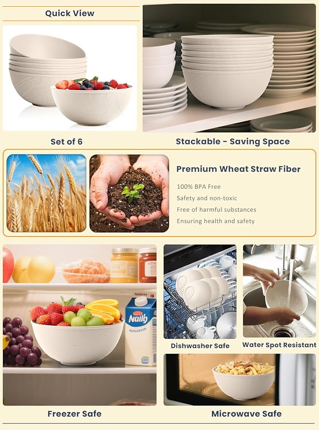 Homienly Wheat Straw Bowls for Kitchen, Bowl Set with Unique Texture 6 PCS, 40 OZ Large Capacity Bowls for Salad, Cereal, Soup, Popcorn, Ramen, Microwave and Dishwaher Safe, Outdoor Safe - Beige