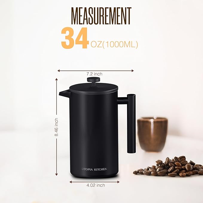 Utopia Kitchen Stainless Steel French Press Coffee Maker 34 Oz (1 Litre) with 2 Extra Filters, French Press Coffee & Tea Maker for Kitchen & Camping, Cold Brew Cafetiere, Black