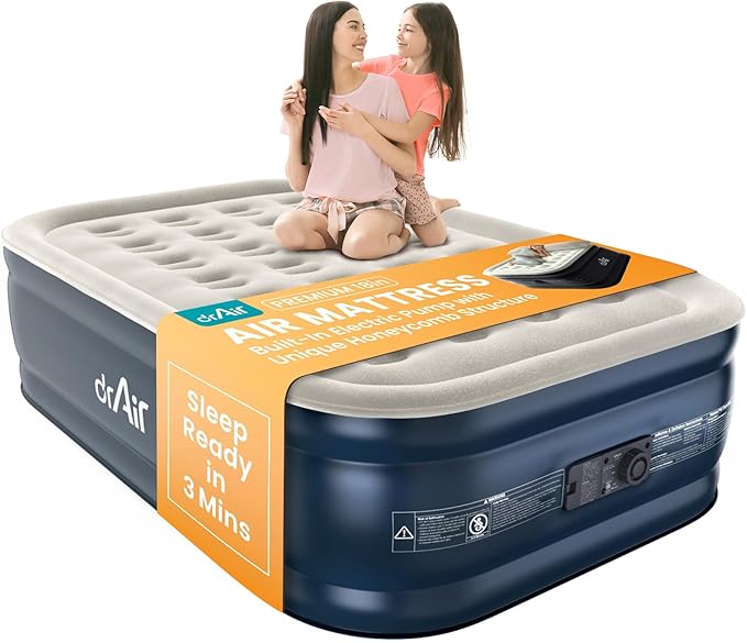 Full Air Mattress, 18” Raised Inflatable Bed with Built-in Pump, Waterproof Velvety Top, Ergonomic Design, Reinforced Support, and Carry Bag for Home, Camping, and Guests