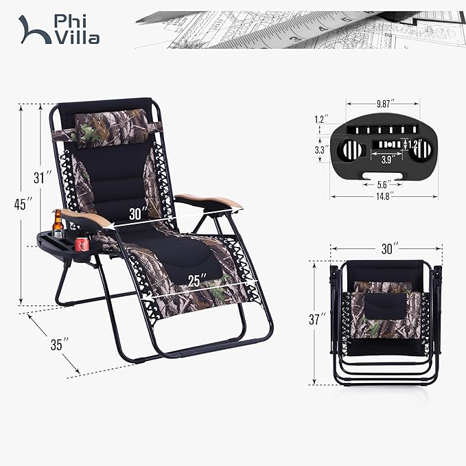 PHI VILLA XXL Oversized Padded Zero Gravity Chair, Foldable Patio Recliner, 30" Wide Seat Anti Gravity Lounger with Cup Holder, Set of 2, Support 400 LBS (Camouflage)