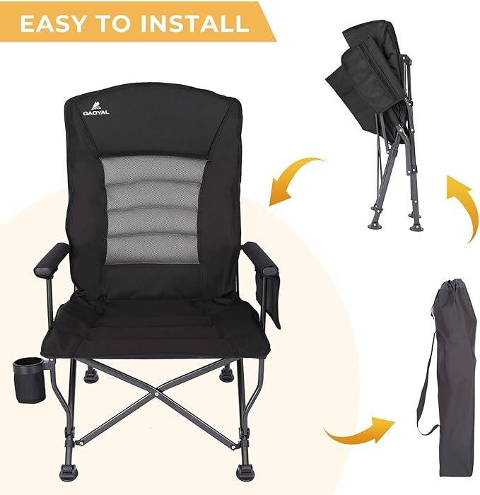 Camping Chairs for Adults, Adjustable Backrest Heavy Duty Oversized Folding Camping Chair Supports 350lbs for Outside with Cup Holder&Side Pocket, Outdoor Folding Camp Chair with High Back (Black)