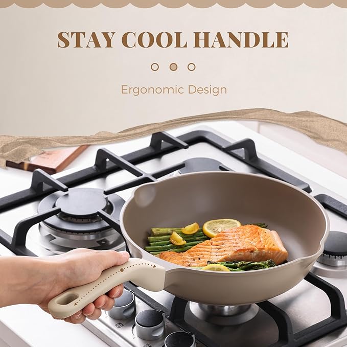 Nonstick Deep Frying Pan with Glass Lid, 10 Inch (3.2 qt), 5X Durable Nonstick Sauté Pan, Scratch & Stain Resistant, PFOA Free, Induction Compatible, Dishwasher & Oven Safe, Natural Linen